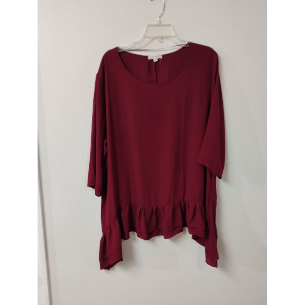 Wishlist Burgundy Ruffle Hem Blouse 3/4 Sleeve High Low Top M/L
